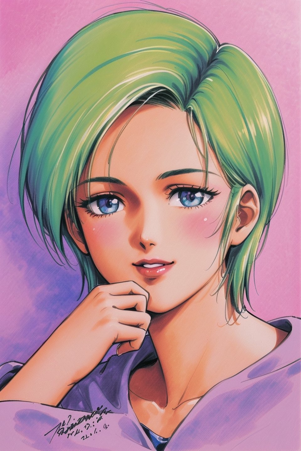 Four Murasame, 1girl, solo, short hair, signature, traditional media, blue eyes, green hair, collarbone, smile, looking at viewer, portrait, purple shirt, lipstick, upper body, dated, watercolor