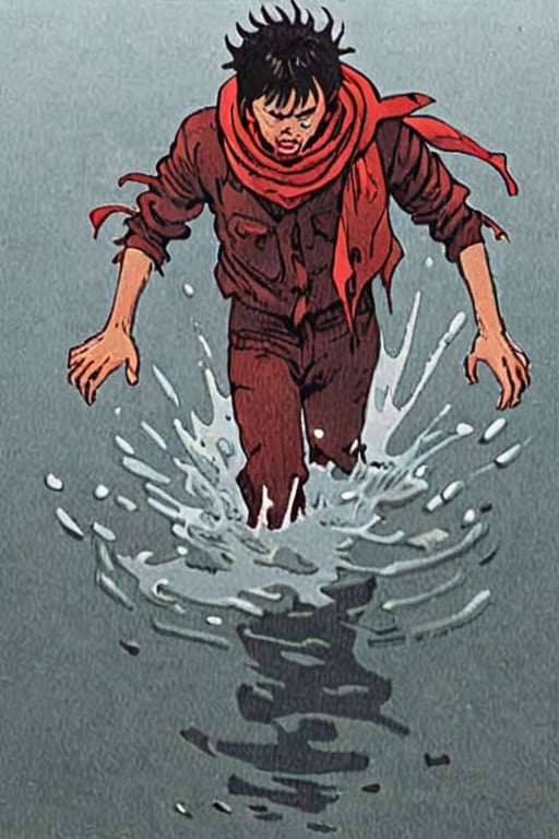 Comic panel illustration of a man walking through the water with a ragged red scarf,  akira style,Comic panel illustration