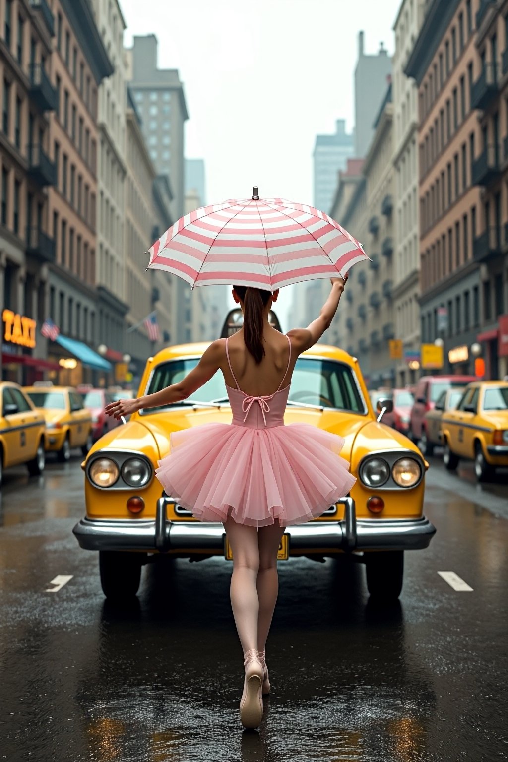 Vogue photoshoot of the yellow Taxi in New York, a ballet girl's back with a stripe umbrella, short skirt, dancing, rainy day, buildings, full-length photograph, in Wes Anderson style, the grand hotel Budapest style, outdoor, unrealistic, symmetrical right in the middle, a front view, pink and amber color is the main pastel tone