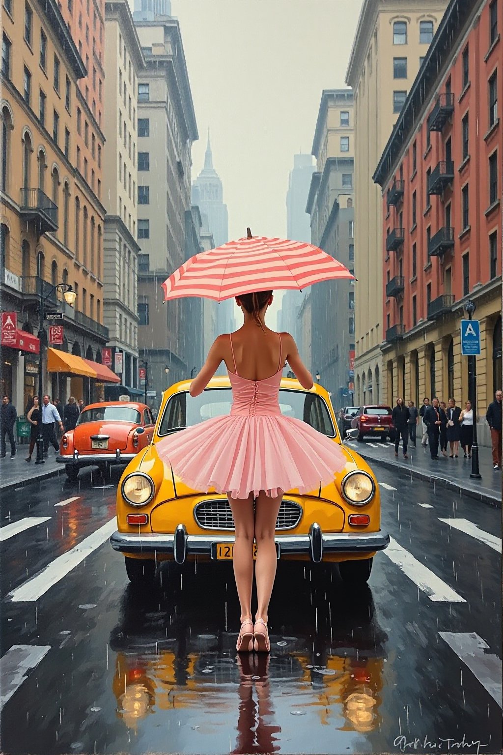 Oil Painting of a yellow Taxi in New York, a ballet girl's back with a stripe umbrella, short skirt, dancing, rainy day, buildings, full-length photograph, in Wes Anderson style, the grand hotel Budapest style, outdoor, unrealistic, symmetrical right in the middle, a front view, pink and amber color is the main pastel tone