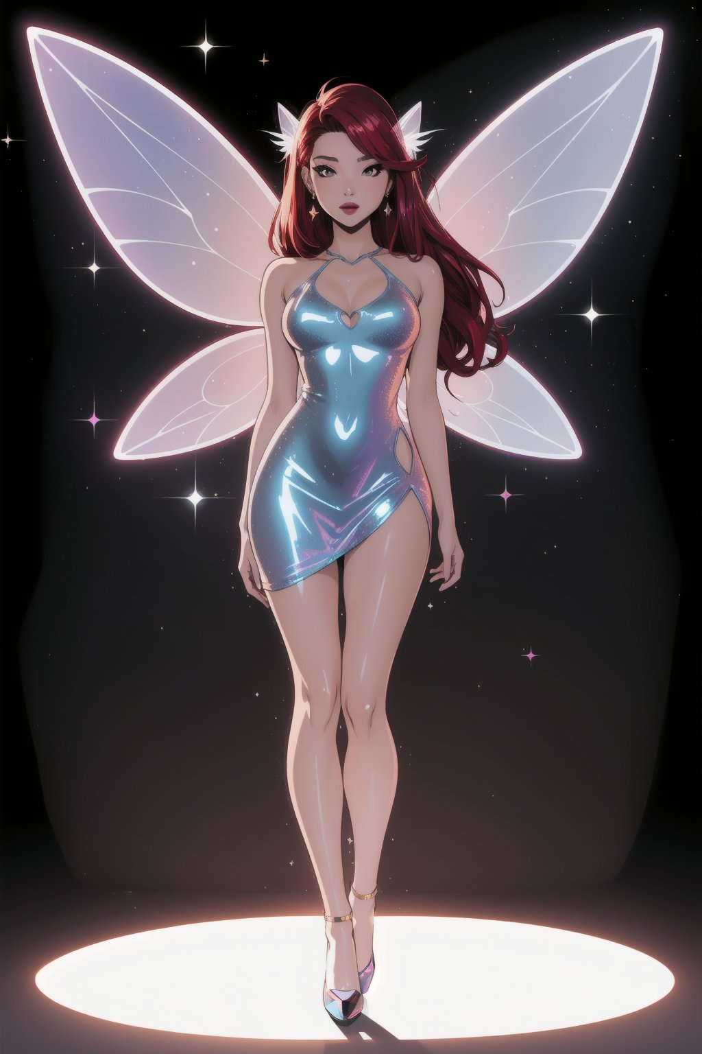 a woman fairy, asymmetric perfect fairy wings, perfect face, blank background, highly detailed, full body, holographic sexy cut out dress red, glitter, shine, sparkling holographic red, long hair, comic style