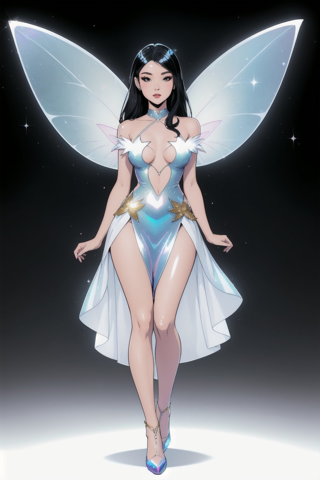 a woman fairy, asymmetric perfect fairy wings, perfect face, blank background, highly detailed, full body, holographic sexy cut out dress white, glitter, shine, sparkling holographic white, black long hair, comic style