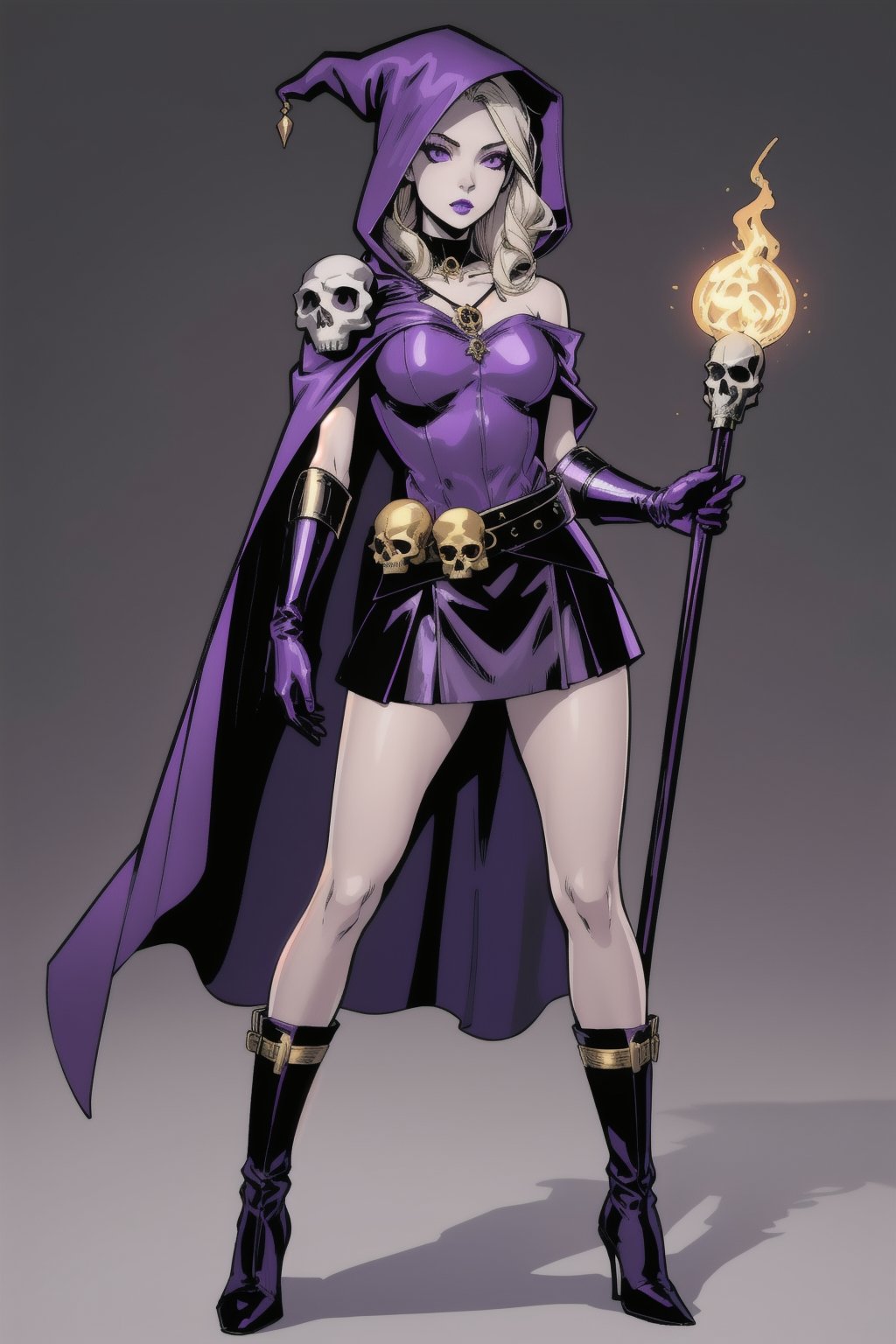 a woman witch costume, (perfect face), pale skin, full purple eyes, blank background, highly detailed, full body, metallic top, metallic gloves, long ripped skirt, comic style, holding skull staff, golden skull belt, skull shoulder pad, purple hooded cape