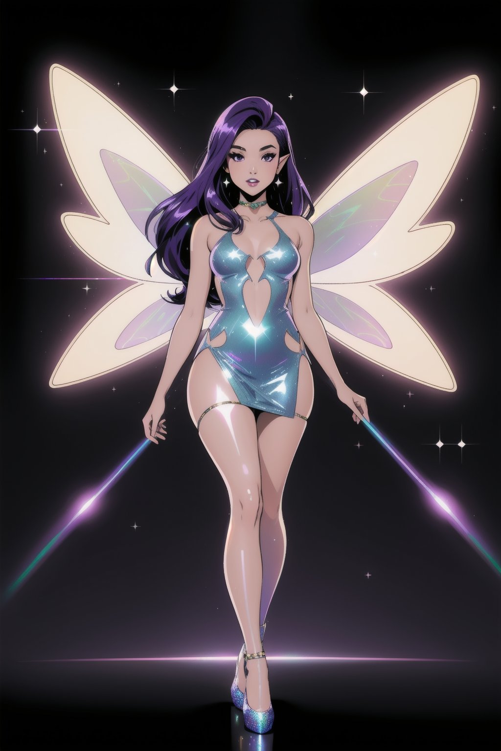a woman fairy, asymmetric perfect fairy wings, perfect face, blank background, highly detailed, full body, holographic sexy cut out dress, glitter, shine, sparkling holographic purple, long hair, comic style