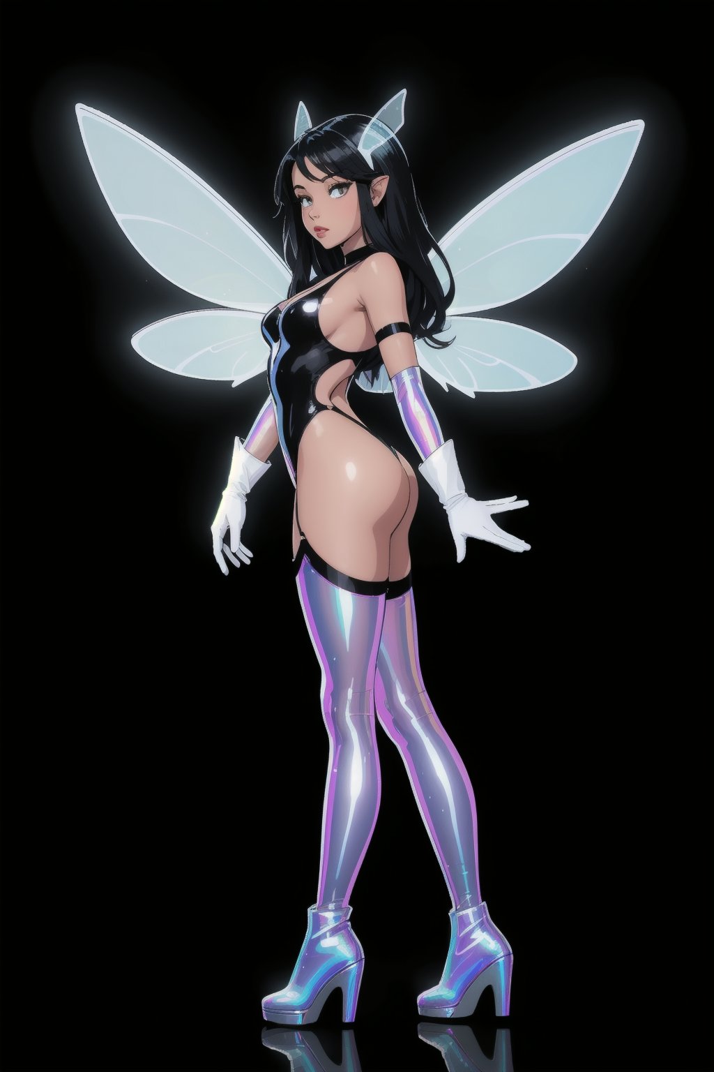 a woman fairy, asymmetric perfect fairy wings, (perfect face), bright eyes, dark forest background, highly detailed, full body, holographic sexy cut out bodysuit transparent, glitter thong, shine, sparkling holographic white, black long hair, comic style, sorcerer costume, boots, gloves, side view