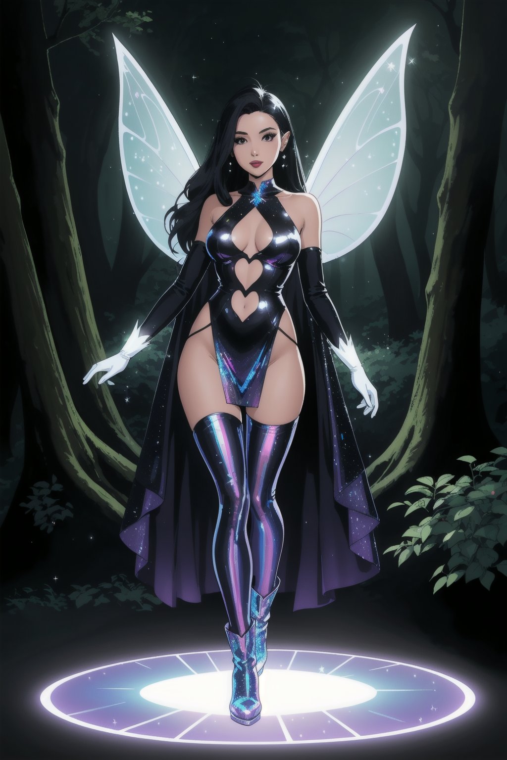 a woman fairy, asymmetric perfect fairy wings, perfect face, dark forest background, highly detailed, full body, holographic sexy cut out dress white, glitter, shine, sparkling holographic white, black long hair, comic style, sorcerer costume, boots, gloves