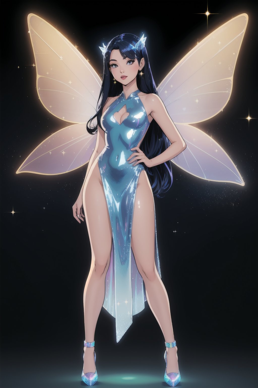 a woman fairy, asymmetric perfect fairy wings, perfect face, blank background, highly detailed, full body, holographic sexy cut out dress, glitter, shine, sparkling holographic blue, long hair, comic style