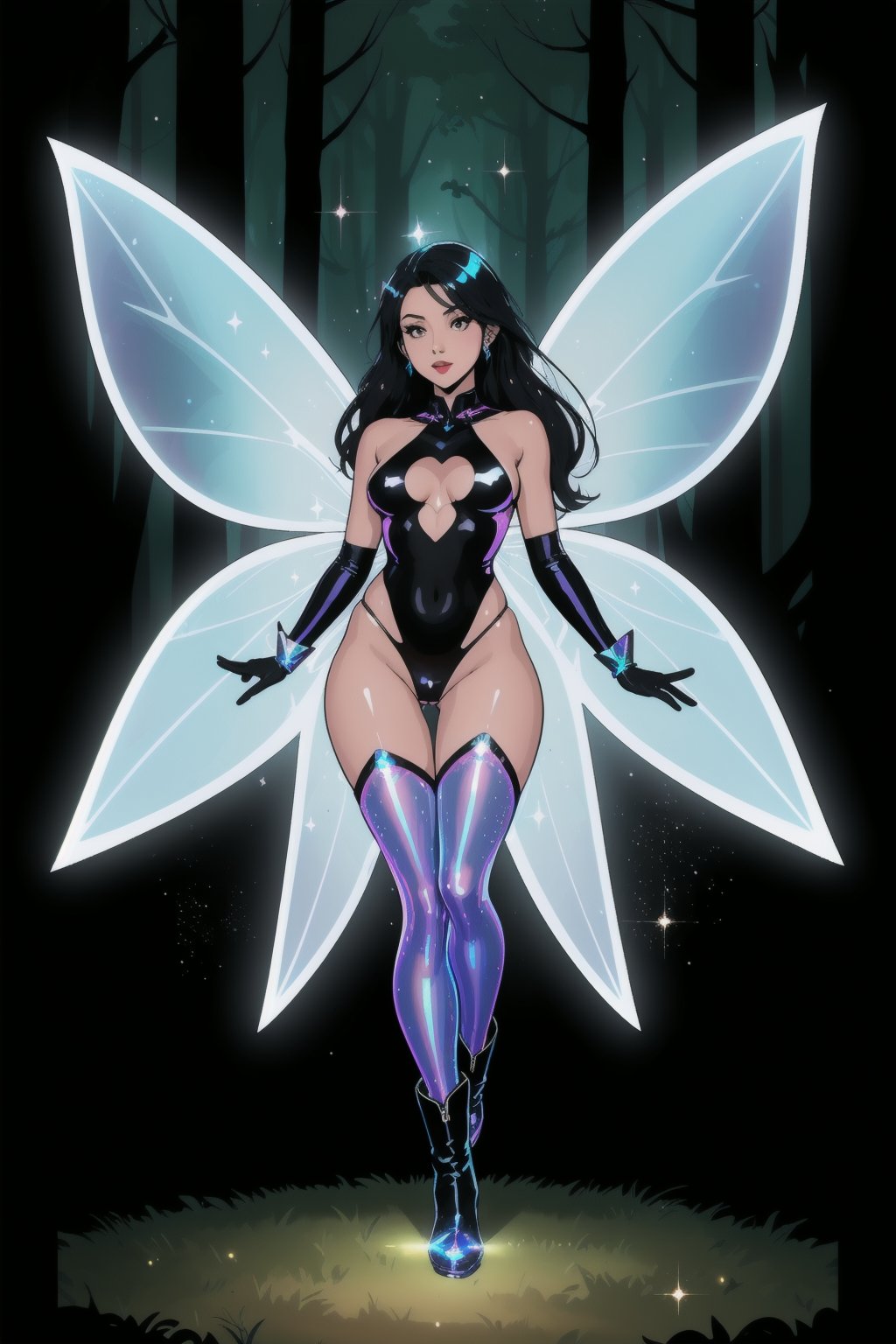 a woman fairy, asymmetric perfect fairy wings, (perfect face), bright eyes, dark forest background, highly detailed, full body, holographic sexy cut out bodysuit transparent, glitter thong, shine, sparkling holographic white, black long hair, comic style, sorcerer costume, boots, gloves