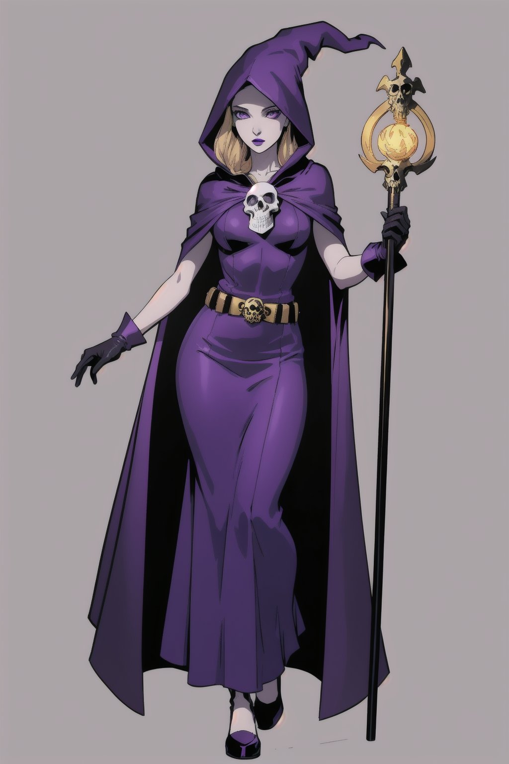 a woman witch costume, (perfect face), pale skin, full purple eyes, blank background, highly detailed, full body, top, gloves, long skirt, comic style, holding skull staff, golden skull belt, skull shoulder pad, purple hooded cape