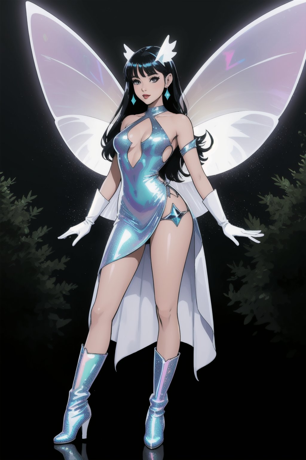 a woman fairy, asymmetric perfect fairy wings, perfect face, dark forest background, highly detailed, full body, holographic sexy cut out dress white, glitter, shine, sparkling holographic white, black long hair, comic style, sorcerer costume, boots, gloves