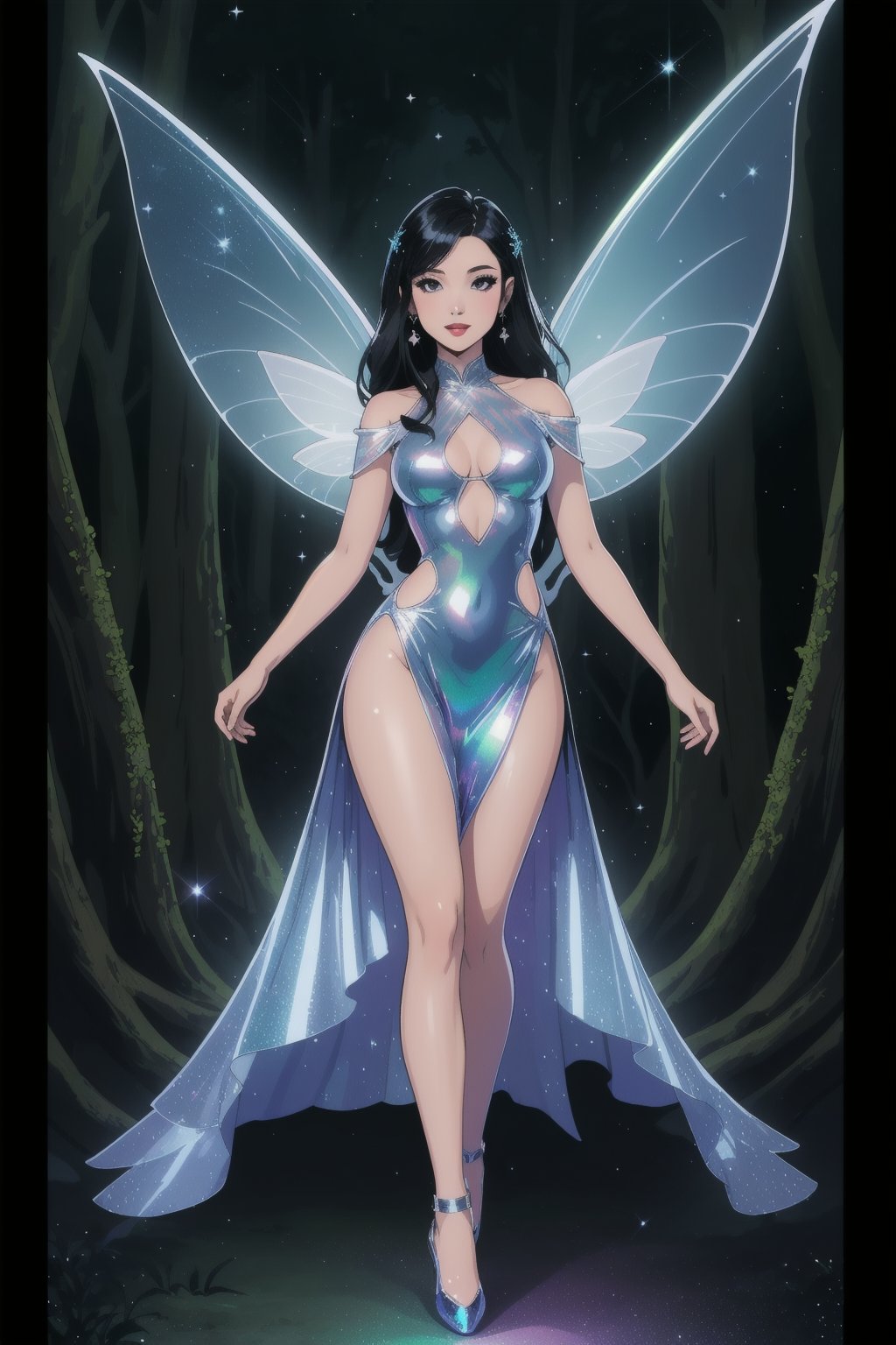 a woman fairy, asymmetric perfect fairy wings, perfect face, dark forest background, highly detailed, full body, holographic sexy cut out dress white, glitter, shine, sparkling holographic white, black long hair, comic style