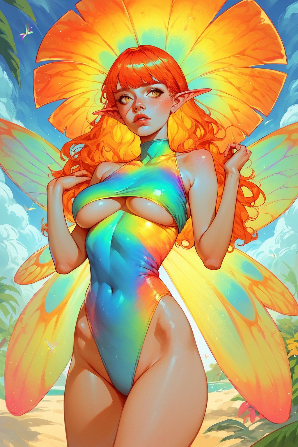 score_9, score_8_up, score_7_up, 1girl, long hair, bangs, colourful, thermal, orange, green, yellow, blue, tropical beach, fairy, wings, elf_ears, leotard, underboob cleavage 