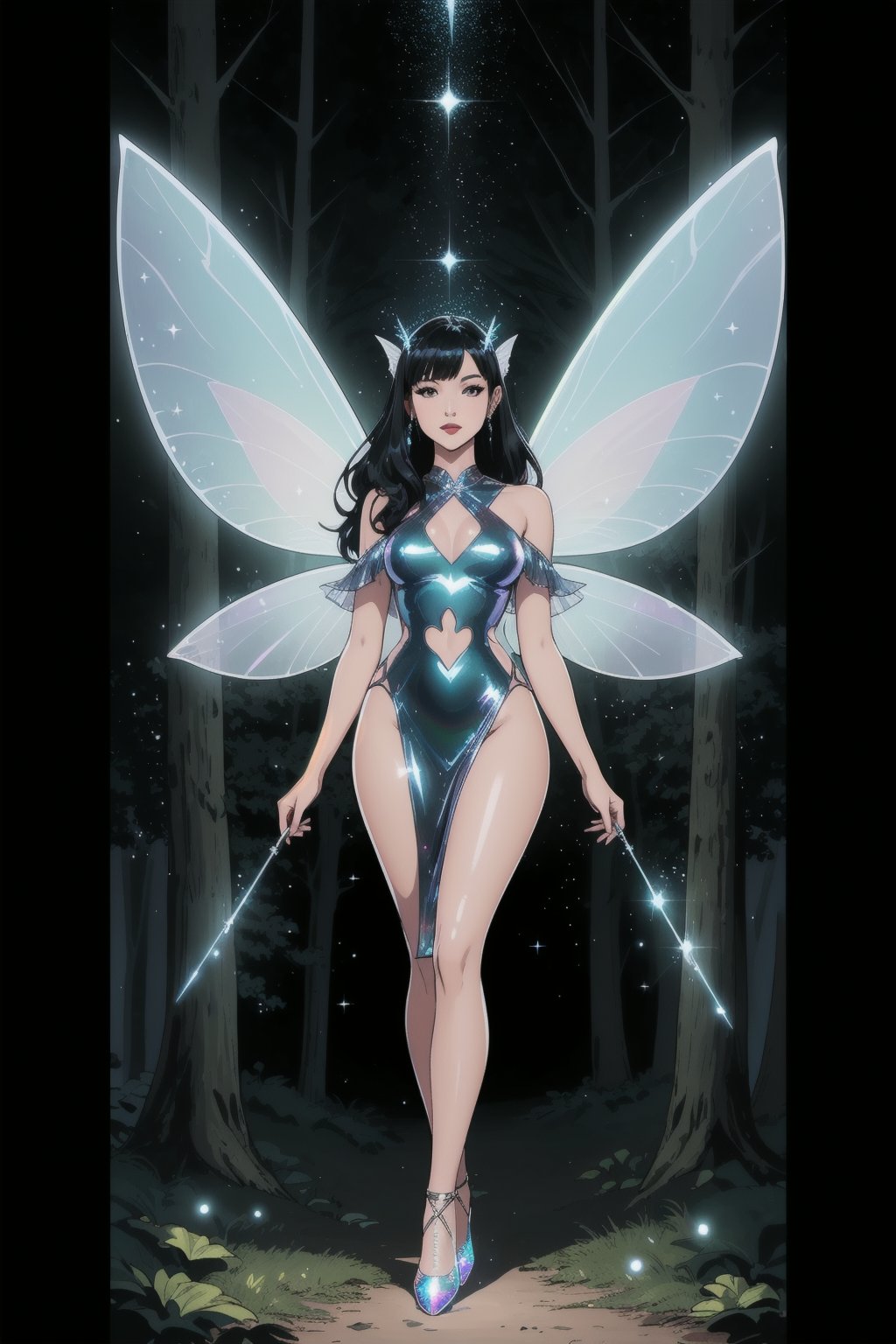 a woman fairy, asymmetric perfect fairy wings, perfect face, dark forest background, highly detailed, full body, holographic sexy cut out dress white, glitter, shine, sparkling holographic white, black long hair, comic style, sorcerer costume 