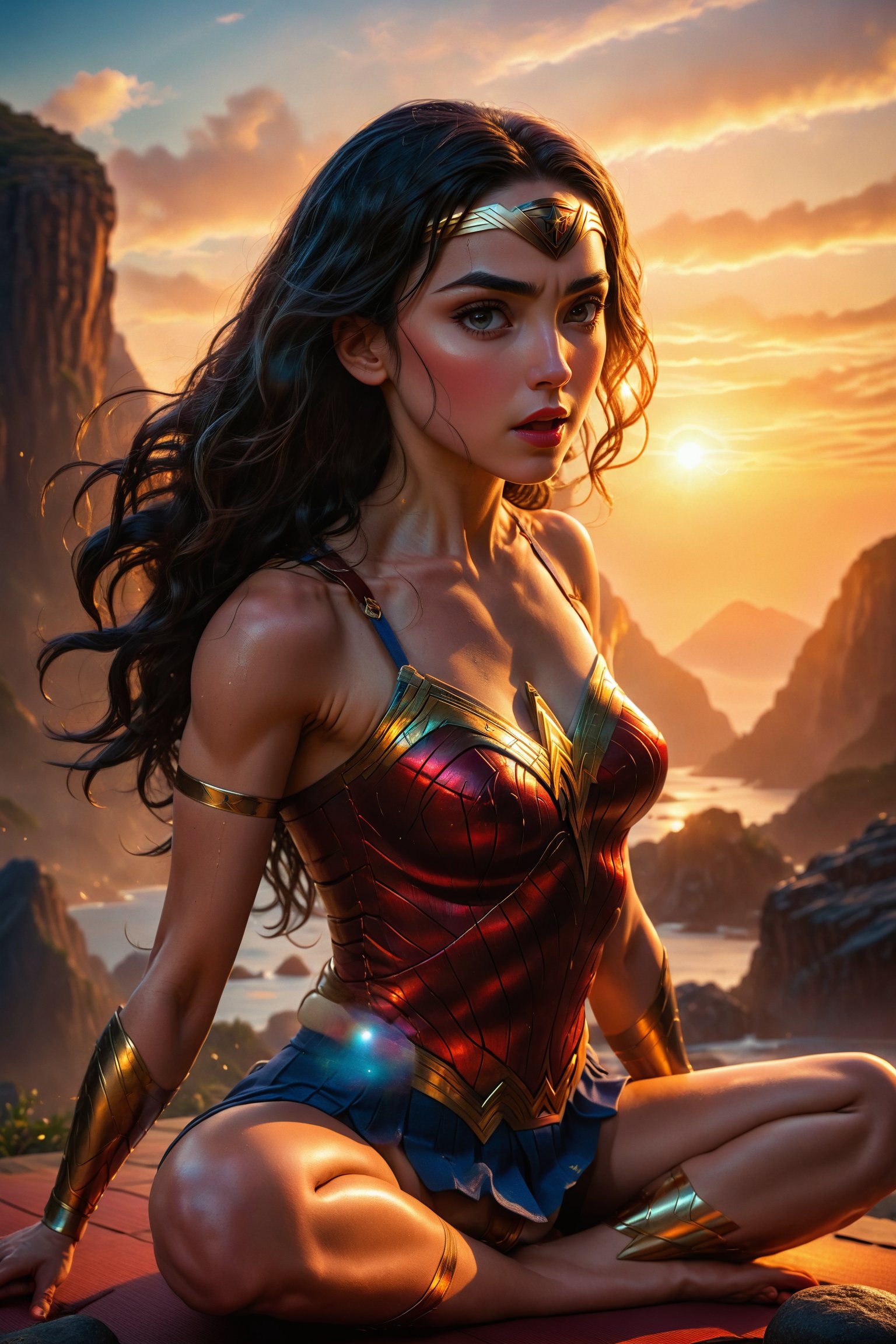 ((ultra realistic photo)) wonderwoman with big head doing yoga,sweaty, detailed photography, gym, males looking at her, excitement, DETAILED LANDSCAPE, COLORFUL) (GOLDEN HOUR LIGHTING), LegendDarkFantasy,dark