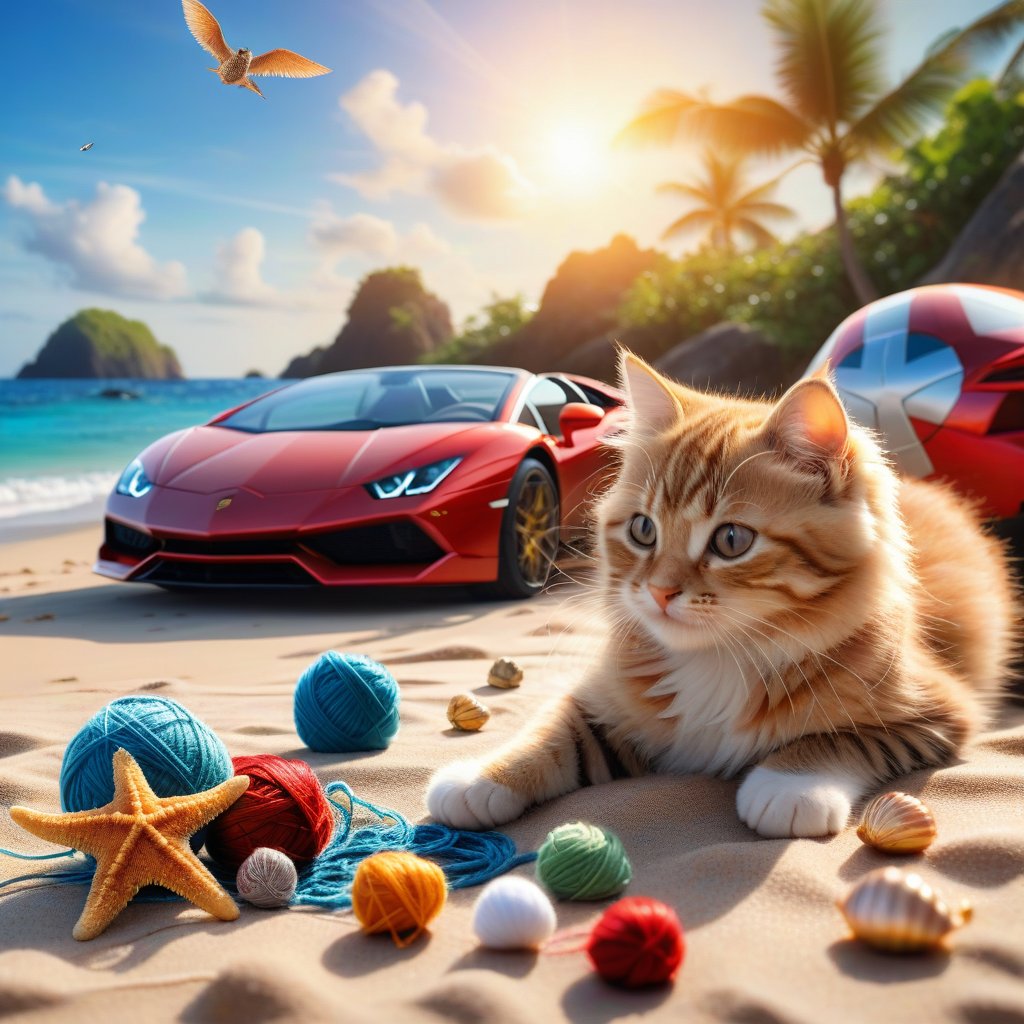 ((ultra realistic photo))  a cute little Kitty playing with marvel character wonderwoman, little ball of yarn ON A PLAID, IN FRONT OF lamborghini supercar, LOVELY WELL-ARRANGED CAMPING ENVIROMENT (art, DETAILED textures, pure perfection, hIgh definition), detailed beach around , tiny delicate sea-shell, little delicate starfish, sea ,(very detailed TROPICAL hawaiian BAY BACKGROUND, SEA SHORE, PALM TREES, DETAILED LANDSCAPE, COLORFUL) (GOLDEN HOUR LIGHTING), delicate coral, sand piles,LegendDarkFantasy