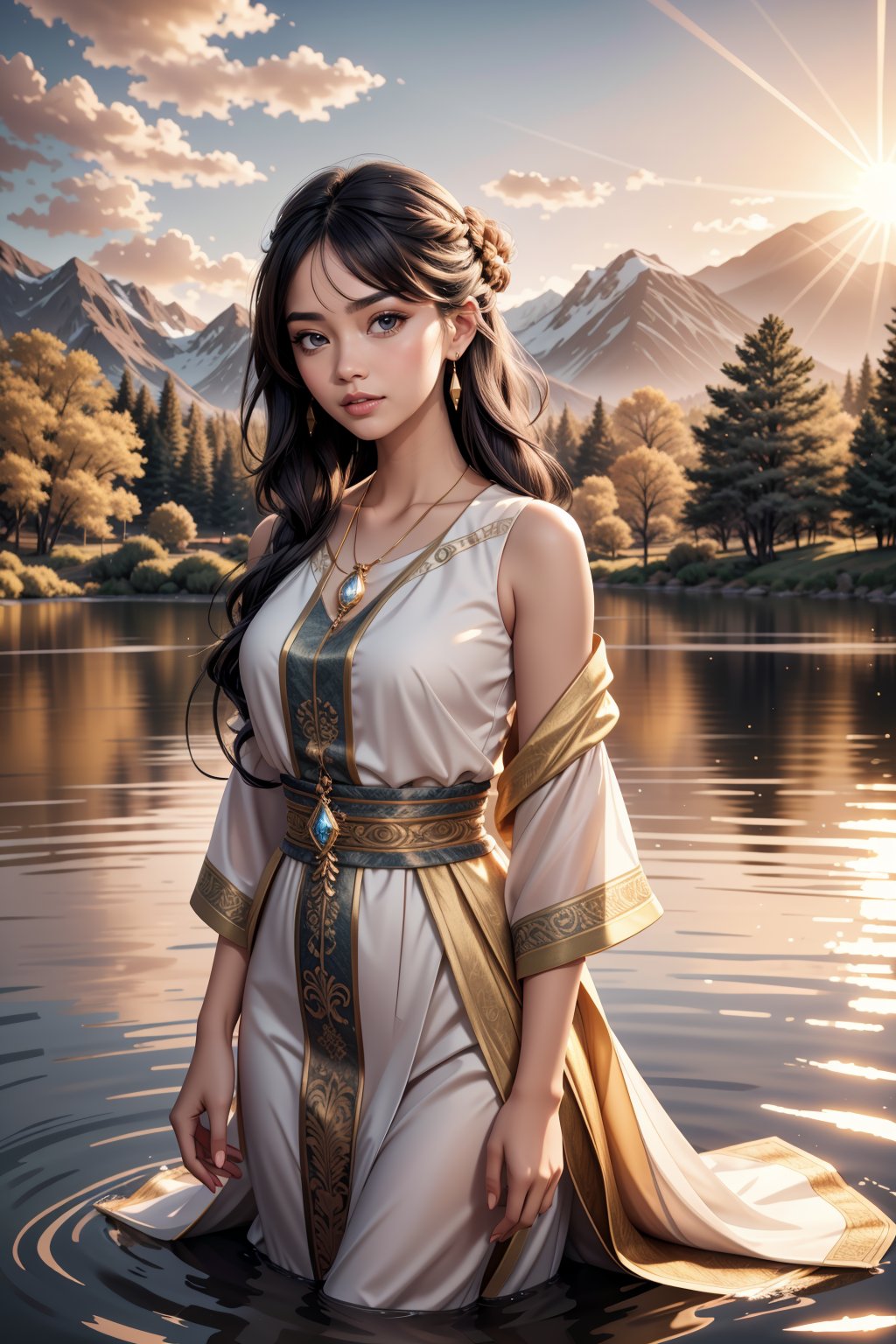 1 girl, serene expression, mesmerizing eyes, straight long hair, flowing dress, poised posture, porcelain skin, subtle blush, crystal pendant BREAK golden hour, (rim lighting) warm tones, sun flare, soft shadows, vibrant colors, painterly effect, dreamy atmosphere BREAK scenic lake, distant mountains, willow tree, calm water, reflection, sunlit clouds, peaceful ambiance, idyllic sunset, ultra detailed, official art, unity 8k wallpaper , zentangle,