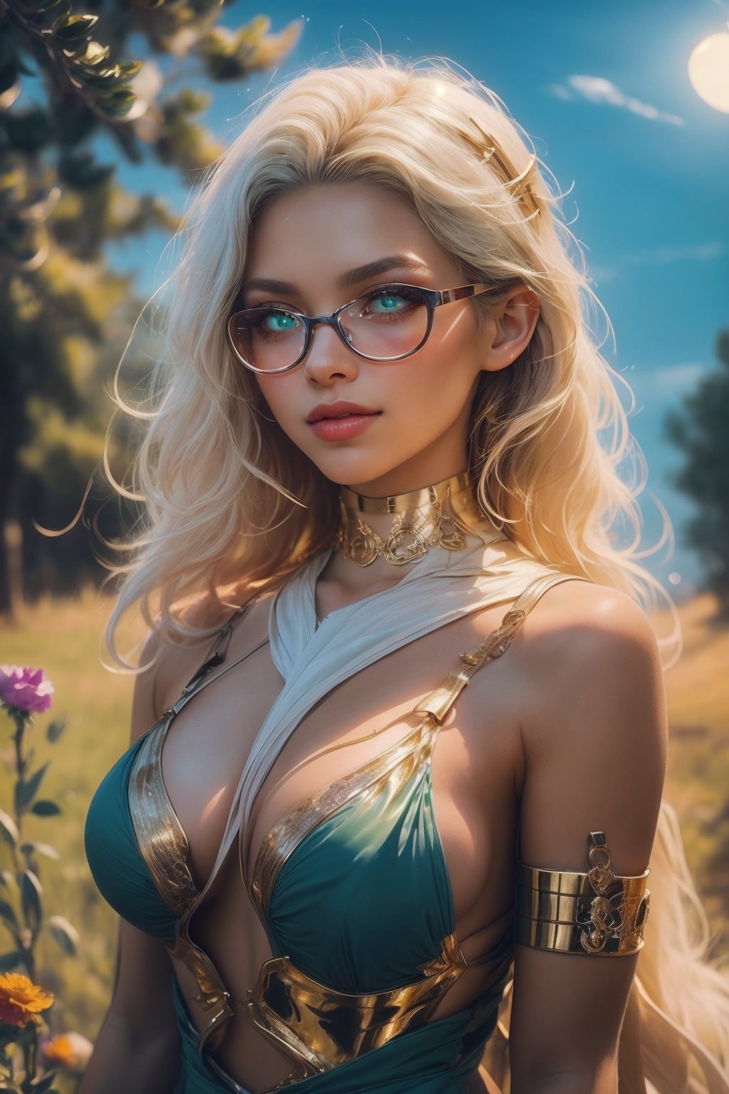 Masterpiece, High Detail, BREAk, Realism, Depth of Field, Cinematic Lighting, Backlight, Symmetry, smiling face, original wavy white hair, facing viewer, long eyelashes, beautiful intense green eyes with brightness, red lipstick, glasses with transparency, surrealism, shadow, stereogram, atmospheric perspective, cinematic lighting, ray tracing, 8k, super detail, best quality, masterpiece, well detailed, night background in the woods with flowers on the horizon with moonlight clouds, damp, ugly lights, choker, detailed gold bracelet, body fit swim suite