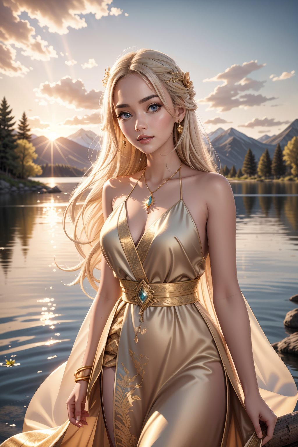 1 girl, serene expression, mesmerizing eyes, straight long blond hair, flowing dress, poised posture, porcelain skin, subtle blush, crystal pendant BREAK golden hour, (rim lighting) warm tones, sun flare, soft shadows, vibrant colors, painterly effect, dreamy atmosphere BREAK scenic lake, distant mountains, willow tree, calm water, reflection, sunlit clouds, peaceful ambiance, idyllic sunset, ultra detailed, official art, unity 8k wallpaper , zentangle,