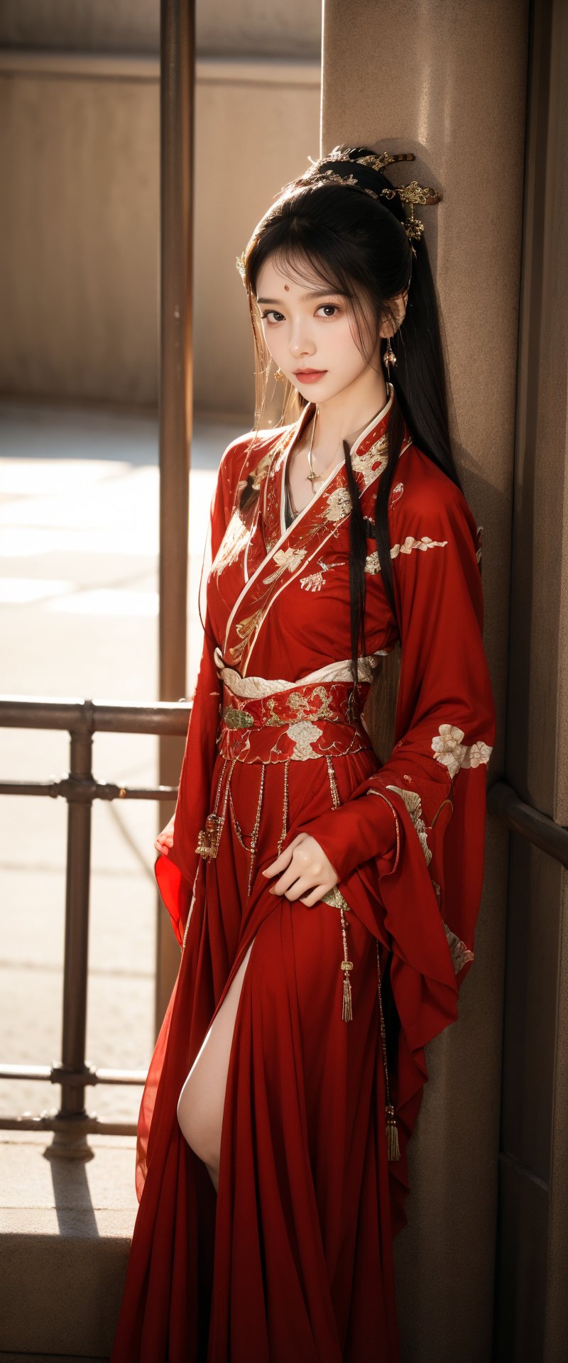 20 yo, 1 girl, beautiful chinese girl, head to thigh portrait,nice breasts,wear red chinese style hanfu, solo, {beautiful and detailed eyes}, blue eyes, calm expression, delicate facial features, ((model pose)), Glamor body type,blond hair ,hair_past_waist,curly hair,very long hair,simple tiny earrings,simple tiny necklace, flim grain, realhands, masterpiece, Best Quality, 16k, photorealistic, ultra-detailed, finely detailed, high resolution, perfect dynamic composition, beautiful detailed blue eyes, sharp-focus, standing,full body portrait,nice ass, body face to viewer, dynamic pose, standing,1girl,dofas, fighting with a sword,yangmi,in jail, jail background,Prison,Railing, 