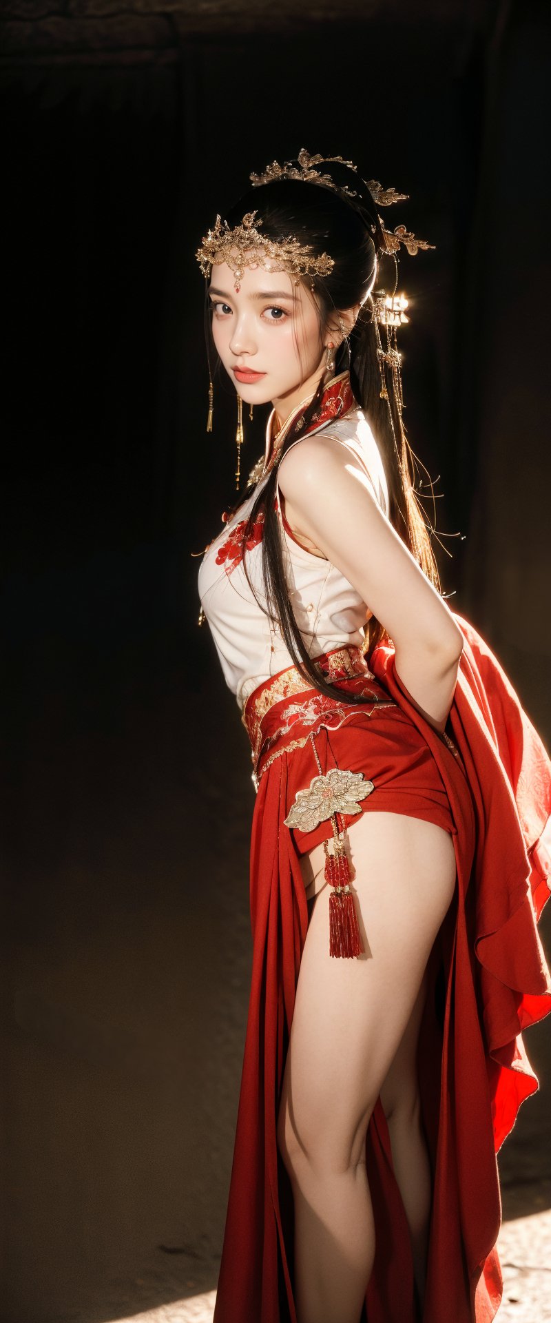 20 yo, 1 girl, beautiful chinese girl, head to thigh portrait,nice breasts,wear red chinese style hanfu, solo, {beautiful and detailed eyes}, blue eyes, calm expression, delicate facial features, ((model pose)), Glamor body type,blond hair ,hair_past_waist,curly hair,very long hair,simple tiny earrings,simple tiny necklace, flim grain, realhands, masterpiece, Best Quality, 16k, photorealistic, ultra-detailed, finely detailed, high resolution, perfect dynamic composition, beautiful detailed blue eyes, sharp-focus, standing,full body portrait,nice ass, body face to viewer, dynamic pose, standing,1girl,dofas, fighting with a sword,yangmi,in jail, jail background,Prison,Railing, 