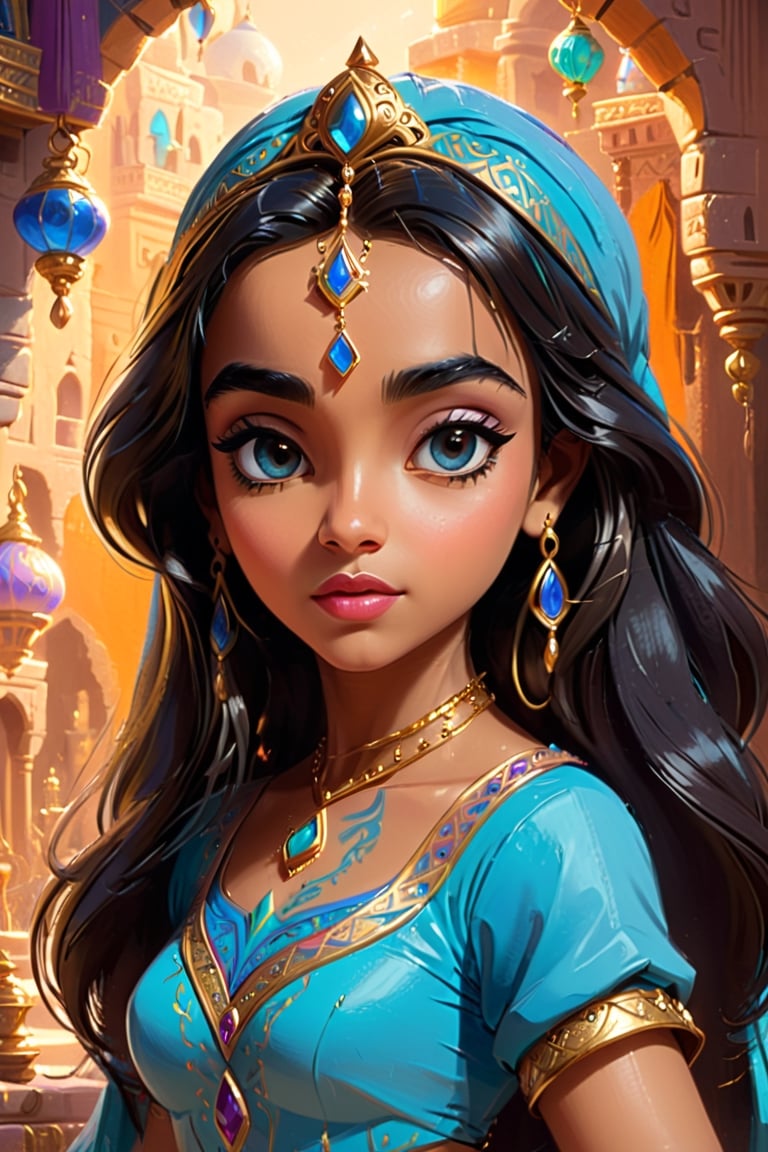 Princess Jasmine from the movie Aladdin and the magic lamp, volumetric cartoon oil paint, 2D book illustration style, sharp focus, bright color, digital paint character design, trending on artstation, high details, simple lines, art by Viktoria Gavrilenko, José Luis Ágreda and Camilla d'Errico,eyes shoot, cinematic moviemaker style,renny the insta girl,detailmaster2