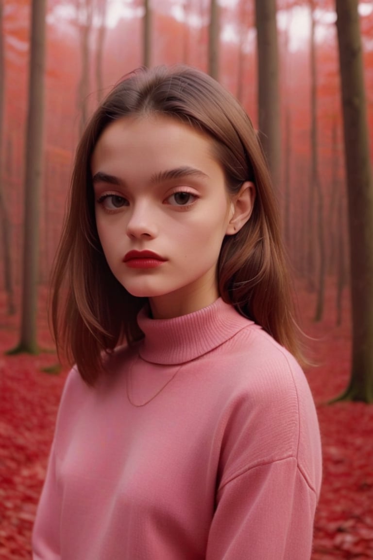  Elegant Minimalistic Photography, 1990s, (beautiful) Model wearing a pink jumper, Red Autumn Forest Background, Natural Lighting, chaos, minimalist, close-up portrait photo, (shot on Portra 400)., cinematic moviemaker style,renny the insta girl,detailmaster2