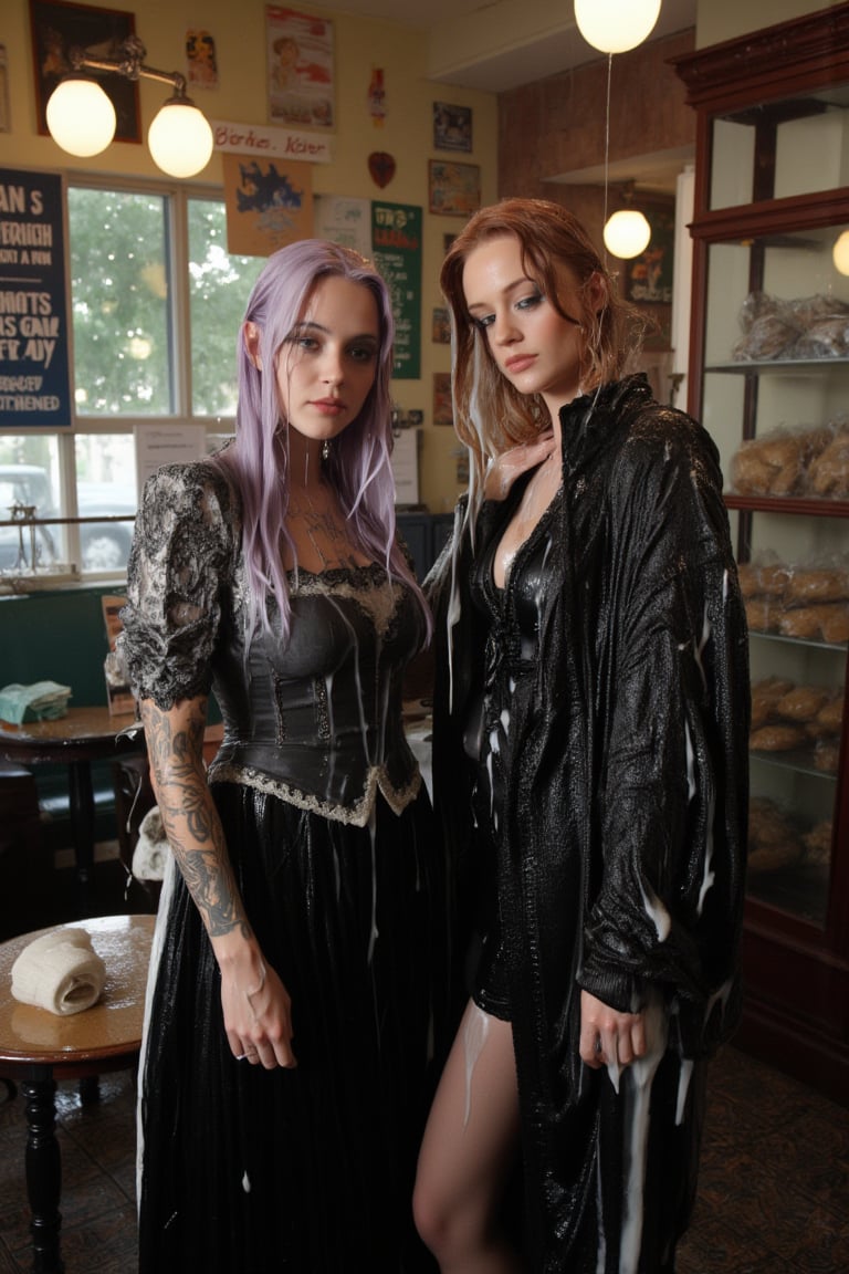 In this breathtaking 8K wallpaper, Cinematic,  A photo of a vintage-themed cafe or bakery with two soaking wet slimy Hollywood celebrity standing inside. The wet slimy woman on the left is Emma Stone. She has wet pastel purple hair, dark eye makeup, and is wearing a wet soaked black gothic frock dress with white lace details paired with a intricate wet lace shawl. She has tattoos on her arms. The soaking wet slimy woman on the right is Brie Larson.  She has wet deep red hair, dark eye makeup, and is dressed in a black jacket with lace and metal details.  she wears a wet satin shawl with patterned design. Behind them, the cafe's interior is adorned with various posters, old-fashioned signs, and a display of pastries and bread. Their clothes, hair, and skin are completely soaking wet, and their wet clothes cling to their bodies. Their hair is full of shampoo, and there are many suds flowing through their bodies.. The atmosphere is electric with intimacy and excitement. both of them doused completely in transparent slime. Both of them has shampoo in their hair and soap flowing through the body. 
. VNS_Add more details,Wet,covered in oil,covered in mud,wam,wet clothes,pouring oil,wetlook,pouring oil,Fetishwet, her dress covered with slime, her skin and hair covered in slime. 