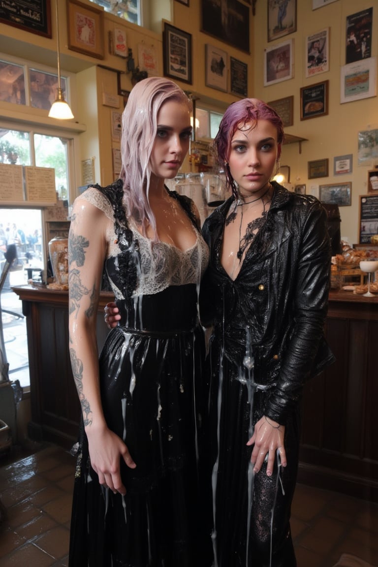 In this breathtaking 8K wallpaper, Cinematic,  A photo of a vintage-themed cafe or bakery with two soaking wet slimy Hollywood celebrity standing inside. The wet slimy woman on the left is Emma Stone. She has wet pastel purple hair, dark eye makeup, and is wearing a wet soaked black gothic frock dress with white lace details paired with a intricate wet lace shawl. She has tattoos on her arms. The soaking wet slimy woman on the right is Brie Larson.  She has wet deep red hair, dark eye makeup, and is dressed in a black jacket with lace and metal details.  she wears a wet satin shawl with patterned design. Behind them, the cafe's interior is adorned with various posters, old-fashioned signs, and a display of pastries and bread. Their clothes, hair, and skin are completely soaking wet, and their wet clothes cling to their bodies. Their hair is full of shampoo, and there are many suds flowing through their bodies.. The atmosphere is electric with intimacy and excitement. both of them doused completely in transparent slime. Both of them has shampoo in their hair and soap flowing through the body. 
. VNS_Add more details,Wet,covered in oil,covered in mud,wam,wet clothes,pouring oil,wetlook,pouring oil,Fetishwet, her dress covered with slime, her skin and hair covered in slime. 