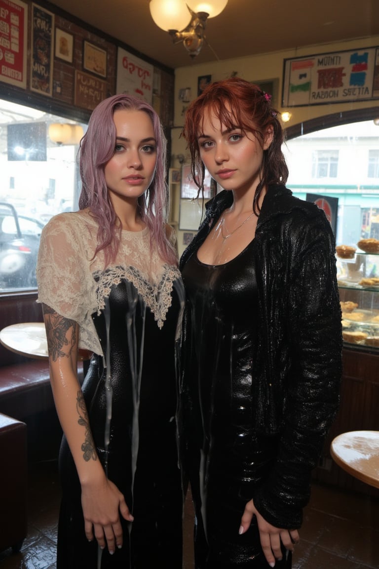 In this breathtaking 8K wallpaper, Cinematic,  A photo of a vintage-themed cafe or bakery with two soaking wet Hollywood celebrity standing inside. The wet woman on the left is Emma Stone. She has wet pastel purple hair, dark eye makeup, and is wearing a wet soaked black dress with white lace details paired with a intricate wet lace shawl. She has tattoos on her arms. The wet woman on the right is Brie Larson.  She has wet deep red hair, dark eye makeup, and is dressed in a black jacket with lace and metal details.  she wears a wet satin shawl with patterned design. Behind them, the cafe's interior is adorned with various posters, old-fashioned signs, and a display of pastries and bread. Their clothes, hair, and skin are completely soaking wet, and their wet clothes cling to their bodies. Their hair is full of shampoo, and there are many suds flowing through their bodies.. The atmosphere is electric with intimacy and excitement, as the limousine glides smoothly through the soaked streets, the perfect backdrop for this unforgettable prom night. both of them doused completely in transparent slime. Both of them has shampoo in their hair and soap flowing through the body. 
. VNS_Add more details,Wet,covered in oil,covered in mud,wam,wet clothes,pouring oil,wetlook,pouring oil,Fetishwet, her dress covered with slime, her skin and hair covered in slime. 