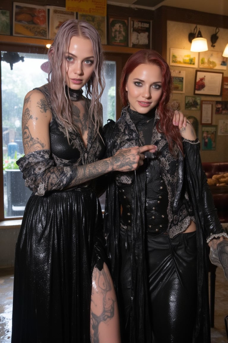 In this breathtaking 8K wallpaper, Cinematic,  A photo of a vintage-themed cafe or bakery with two soaking wet slimy Hollywood celebrity standing inside. The wet slimy woman on the left is Emma Stone. She has wet pastel purple hair, dark eye makeup, and is wearing a wet soaked black gothic frock dress with white lace details paired with a intricate wet lace shawl. She has tattoos on her arms. The soaking wet slimy woman on the right is Brie Larson.  She has wet deep red hair, dark eye makeup, and is dressed in a black jacket with lace and metal details.  she wears a wet satin shawl with patterned design. Behind them, the cafe's interior is adorned with various posters, old-fashioned signs, and a display of pastries and bread. Their clothes, hair, and skin are completely soaking wet, and their wet clothes cling to their bodies. both of them wear wet winter scarf.  Their hair is full of shampoo, and there are many suds flowing through their bodies.. The atmosphere is electric with intimacy and excitement. both of them doused completely in transparent slime. Both of them has shampoo in their hair and soap flowing through the body. 
. VNS_Add more details,Wet,covered in oil,covered in mud,wam,wet clothes,pouring oil,wetlook,pouring oil,Fetishwet, her dress covered with slime, her skin and hair covered in slime. 