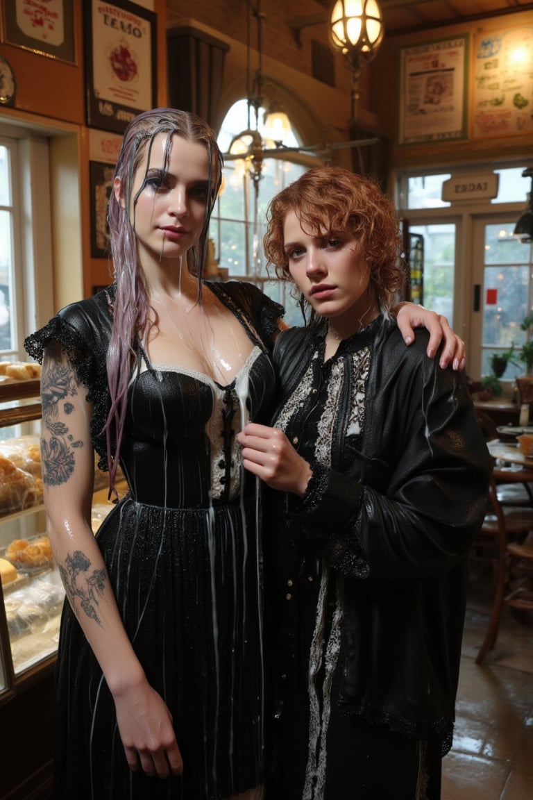 In this breathtaking 8K wallpaper, Cinematic,  A photo of a vintage-themed cafe or bakery with two soaking wet slimy Hollywood celebrity standing inside. The wet slimy woman on the left is Emma Stone. She has wet pastel purple hair, dark eye makeup, and is wearing a wet soaked black gothic frock dress with white lace details paired with a intricate wet lace shawl. She has tattoos on her arms. The soaking wet slimy woman on the right is Brie Larson.  She has wet deep red hair, dark eye makeup, and is dressed in a black jacket with lace and metal details.  she wears a wet satin shawl with patterned design. Behind them, the cafe's interior is adorned with various posters, old-fashioned signs, and a display of pastries and bread. Their clothes, hair, and skin are completely soaking wet, and their wet clothes cling to their bodies. Their hair is full of shampoo, and there are many suds flowing through their bodies.. The atmosphere is electric with intimacy and excitement. both of them doused completely in transparent slime. Both of them has shampoo in their hair and soap flowing through the body. 
. VNS_Add more details,Wet,covered in oil,covered in mud,wam,wet clothes,pouring oil,wetlook,pouring oil,Fetishwet, her dress covered with slime, her skin and hair covered in slime. 