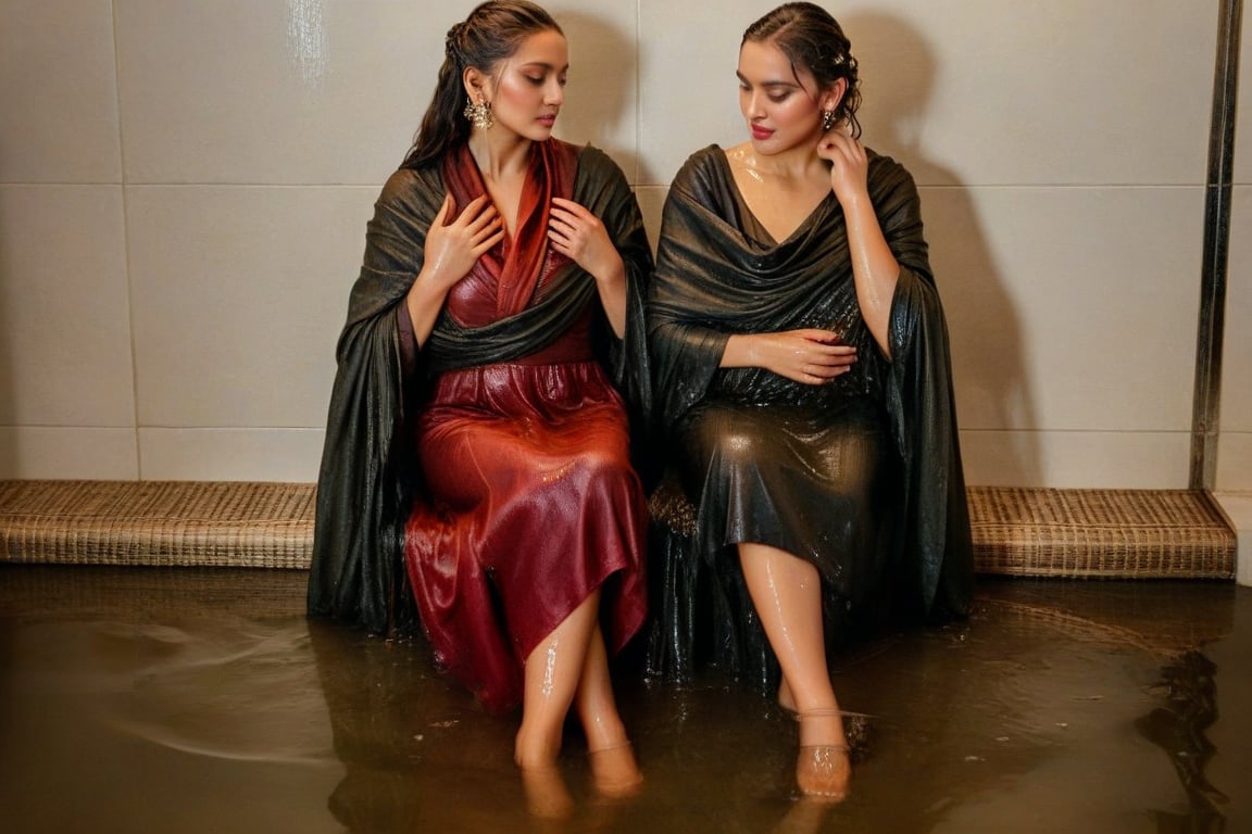 (wet clothes, wet hair, wet, wet face, wet skin, 2girls, making out, draped in shawl : 1.4 ),(Elegant drenched woman in wet ripped tight 1900s skirt suit and wet torn fur coat with wool tights and heeled shoes in the rain,sitting in a court room, drenched and mud covered clothes completly torn out). embraced full wet make up, The cinematic film still captures their intimate moment as they lock wet lips, wet drindl ballgown, wet royal cloak. they embrace each other against the backdrop of a luxurious lounge sofa bathed in soft daylight, submerge,  hugging, wet hair, moist face:1.2)), infused with norwegian elements. The wet dress combines intricate lace and embroidery with colorful ballgown-inspired patterns. A wide obi belt cinches her waist, while puffed sleeves and delicate accessories complete the look, showcasing a striking fusion of cultures.,ct-drago
.
, soakingwetclothes, wet clothes, wet hair,photorealistic,georgian gown,saree influencer,Pakistani dress