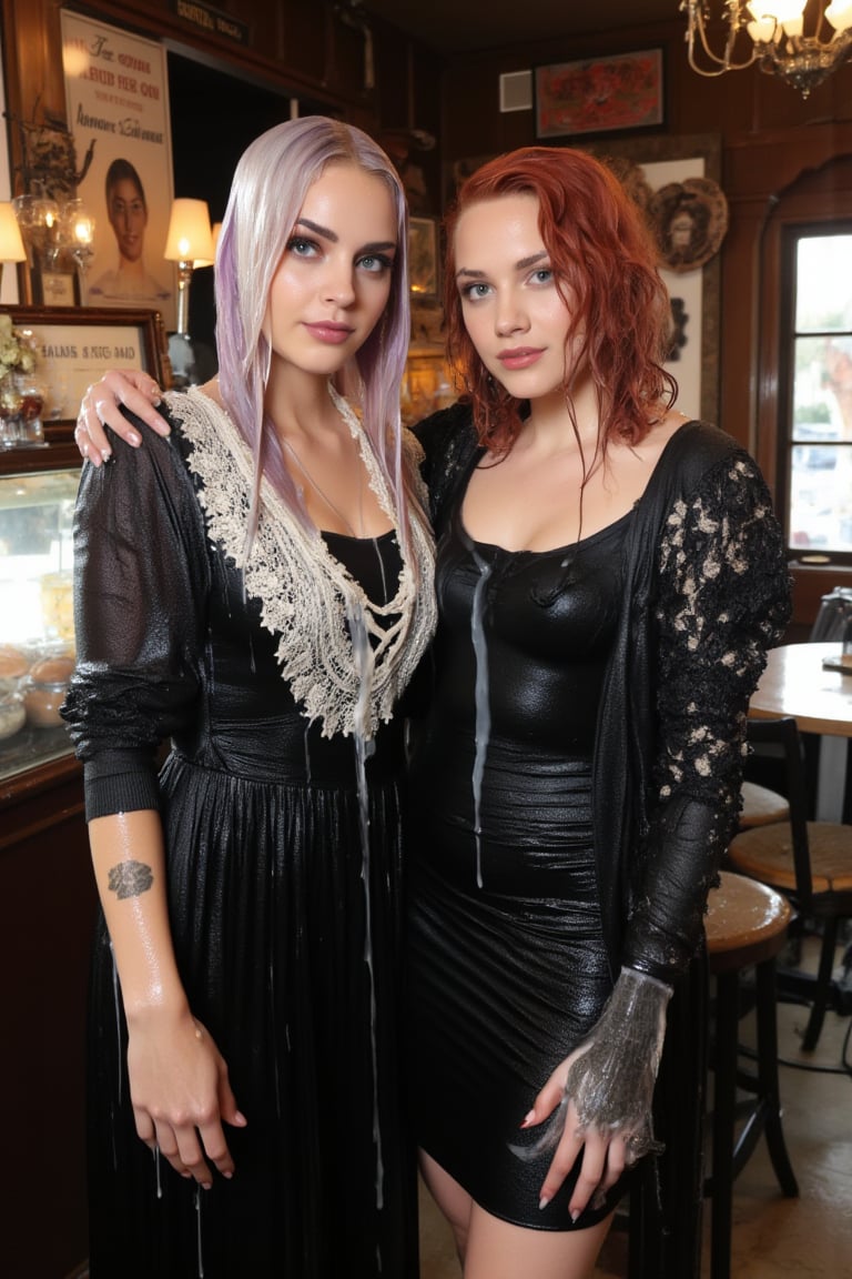 In this breathtaking 8K wallpaper, Cinematic,  A photo of a vintage-themed cafe or bakery with two soaking wet Hollywood celebrity standing inside. The wet woman on the left is Emma Stone. She has wet pastel purple hair, dark eye makeup, and is wearing a wet soaked black dress with white lace details paired with a intricate wet lace shawl. She has tattoos on her arms. The wet woman on the right is Brie Larson.  She has wet deep red hair, dark eye makeup, and is dressed in a black jacket with lace and metal details.  she wears a wet satin shawl with patterned design. Behind them, the cafe's interior is adorned with various posters, old-fashioned signs, and a display of pastries and bread. Their clothes, hair, and skin are completely soaking wet, and their wet clothes cling to their bodies. Their hair is full of shampoo, and there are many suds flowing through their bodies.. The atmosphere is electric with intimacy and excitement, as the limousine glides smoothly through the soaked streets, the perfect backdrop for this unforgettable prom night. both of them doused completely in transparent slime. Both of them has shampoo in their hair and soap flowing through the body. 
. VNS_Add more details,Wet,covered in oil,covered in mud,wam,wet clothes,pouring oil,wetlook,pouring oil,Fetishwet, her dress covered with slime, her skin and hair covered in slime. 