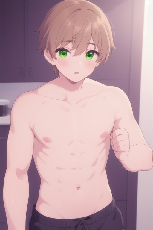 a perfect boy, with green eyes and beautiful light brown hair, a boy with a perfect six-pack stomach, sexy boy, 