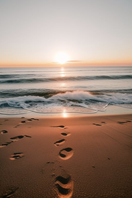 a beautiful and aesthetic photo of the beach, detailed and perfect, realistic Beach, realistic sand, perfect and cute sunset