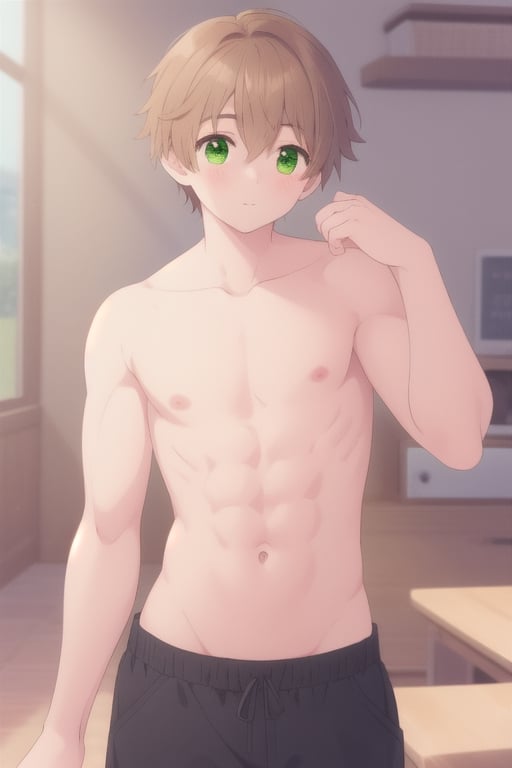 a perfect boy, with green eyes and beautiful light brown hair, a boy with a perfect six-pack stomach 