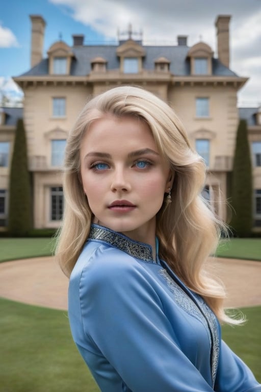 A captivating model with silky blonde hair and enchanting blue eyes poses in front of a majestic "old money" mansion. The backdrop features a slightly blurred effect, emphasizing the grandeur of the estate while encapsulating the vintage and luxurious aesthetic, good face, old money clothes, aesthetic photo, perfect Photo, perfect clothes,