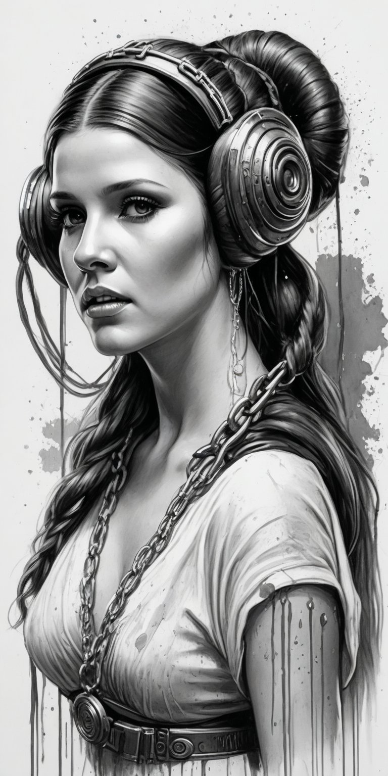 Black and white sketch, realistic, female, Princess Leia, Star Wars, long flowing hair, chains, splashes of neon colors