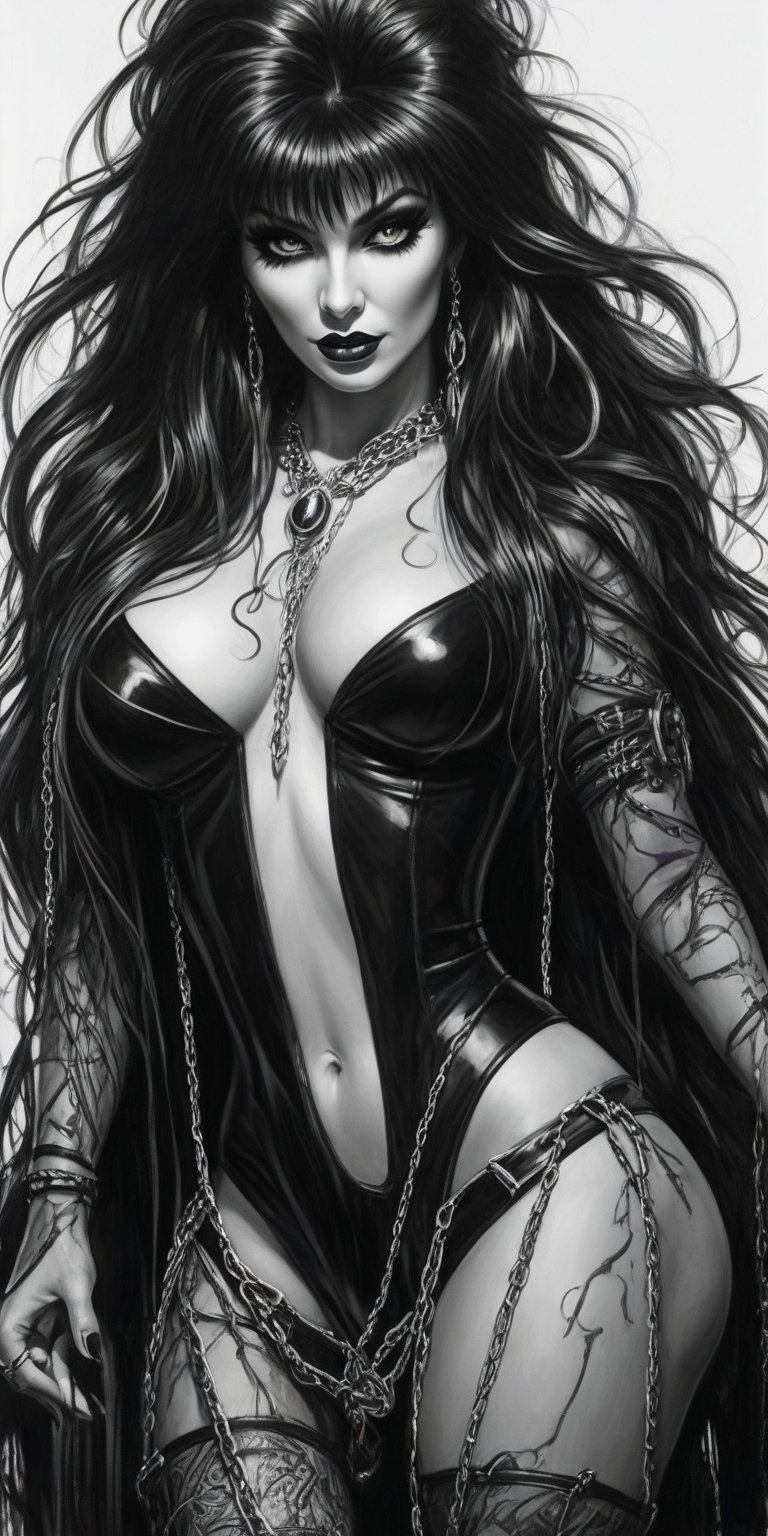 Black and white sketch, realistic, female, Elvira, Mistress of the dark, long flowing hair, chains, splashes of neon colors, neon colors
