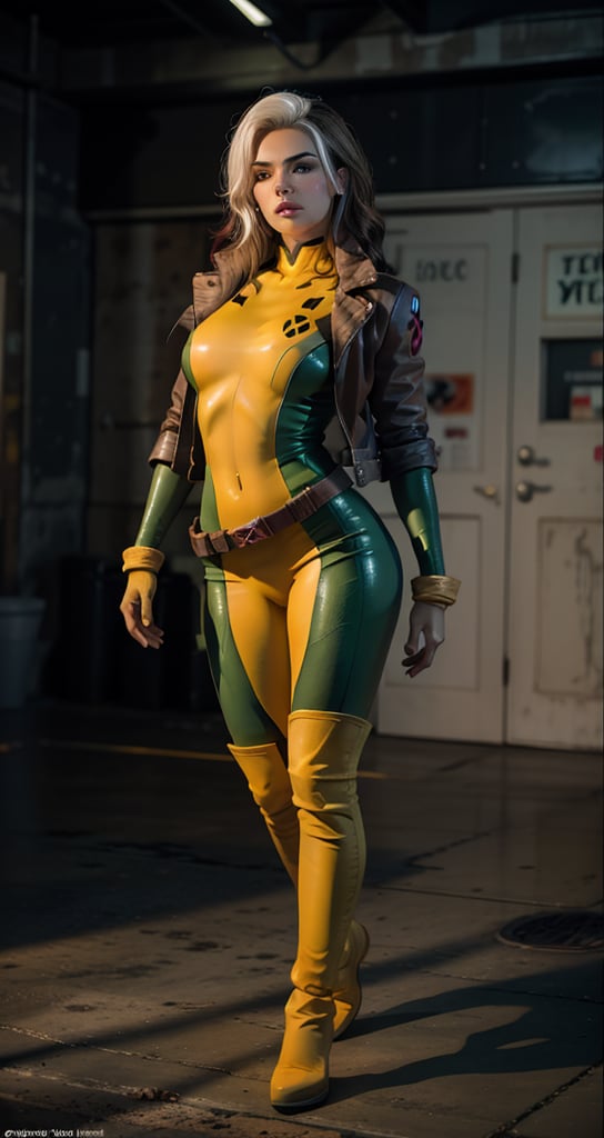 A realistic sultry full body shot of Rogue as she poses confidently, multicolored hair, x-men,rogue savage,anne marie,two-tone hair,brown hair,white hair,green eyes