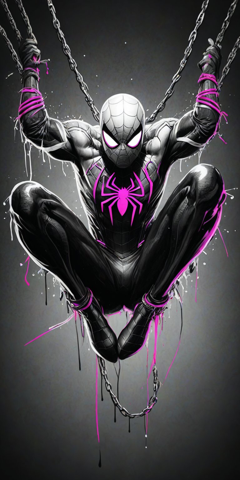  Black and white sketch, realistic, Spider-Man, Marvel comics, chains,  (((splashes of neon colors)))), neon color