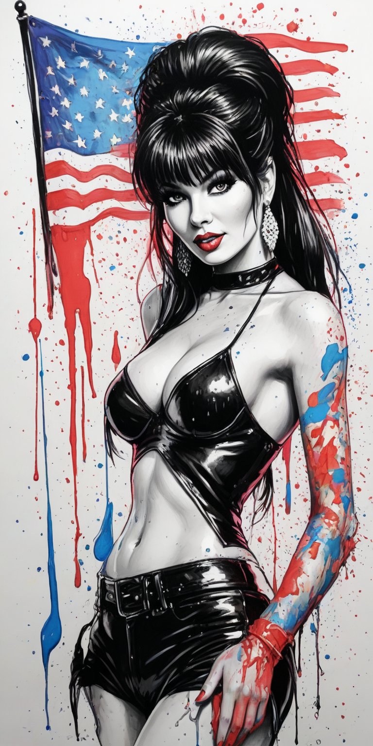 Black and white sketch, realistic, Elvira, Fourth of July celebration, (((splashes of  colors)))) neon colors 