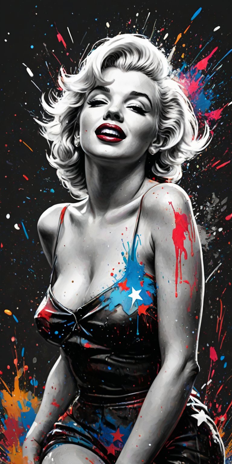 Black and white sketch, realistic, Marilyn Monroe,  (((Fourth of July celebration))), (((splashes of  colors)))) neon colors 