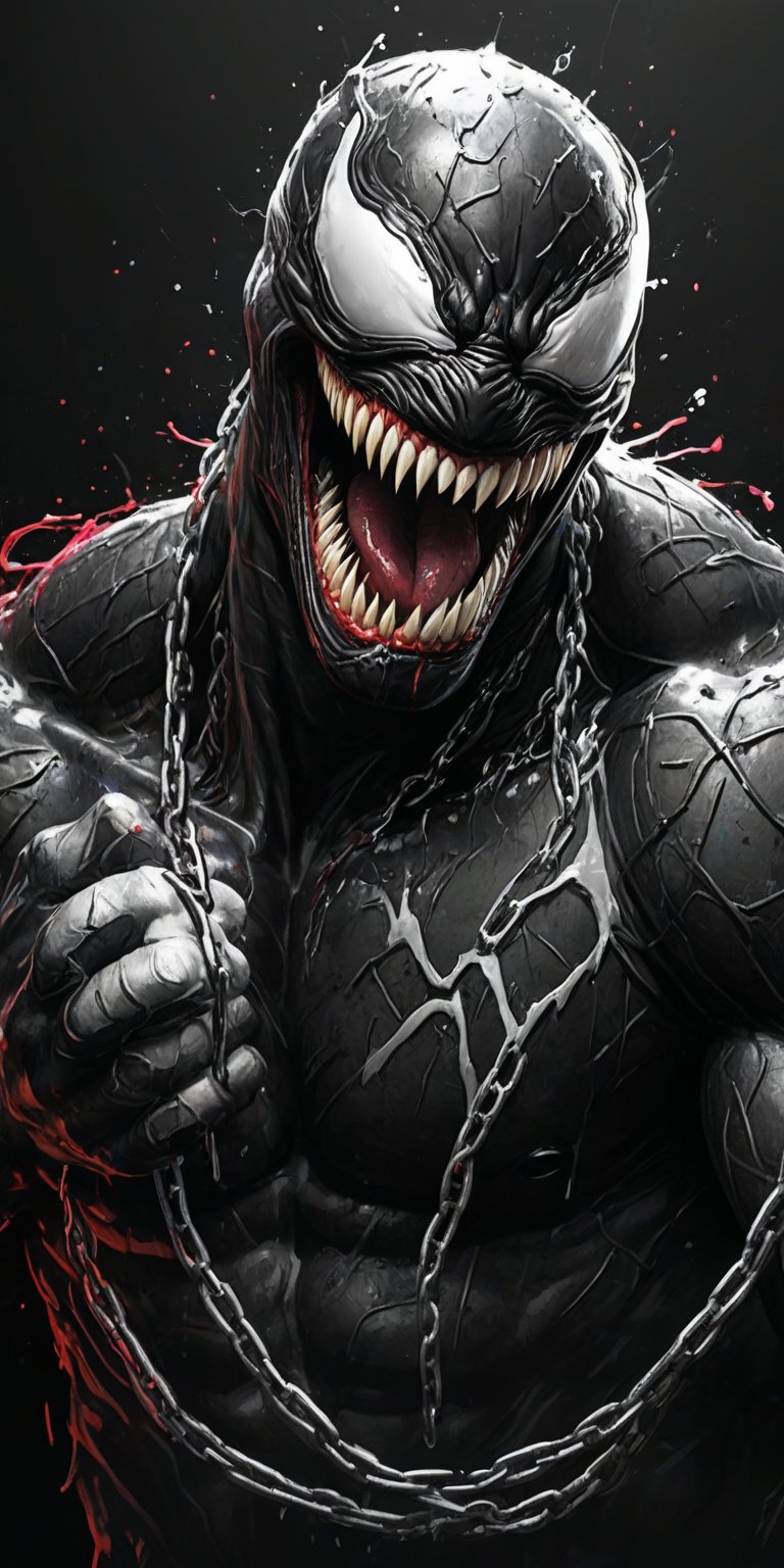 Black and white sketch, realistic, Venom, Marvel comics, chains, (((splashes of neon colors)))), neon colors