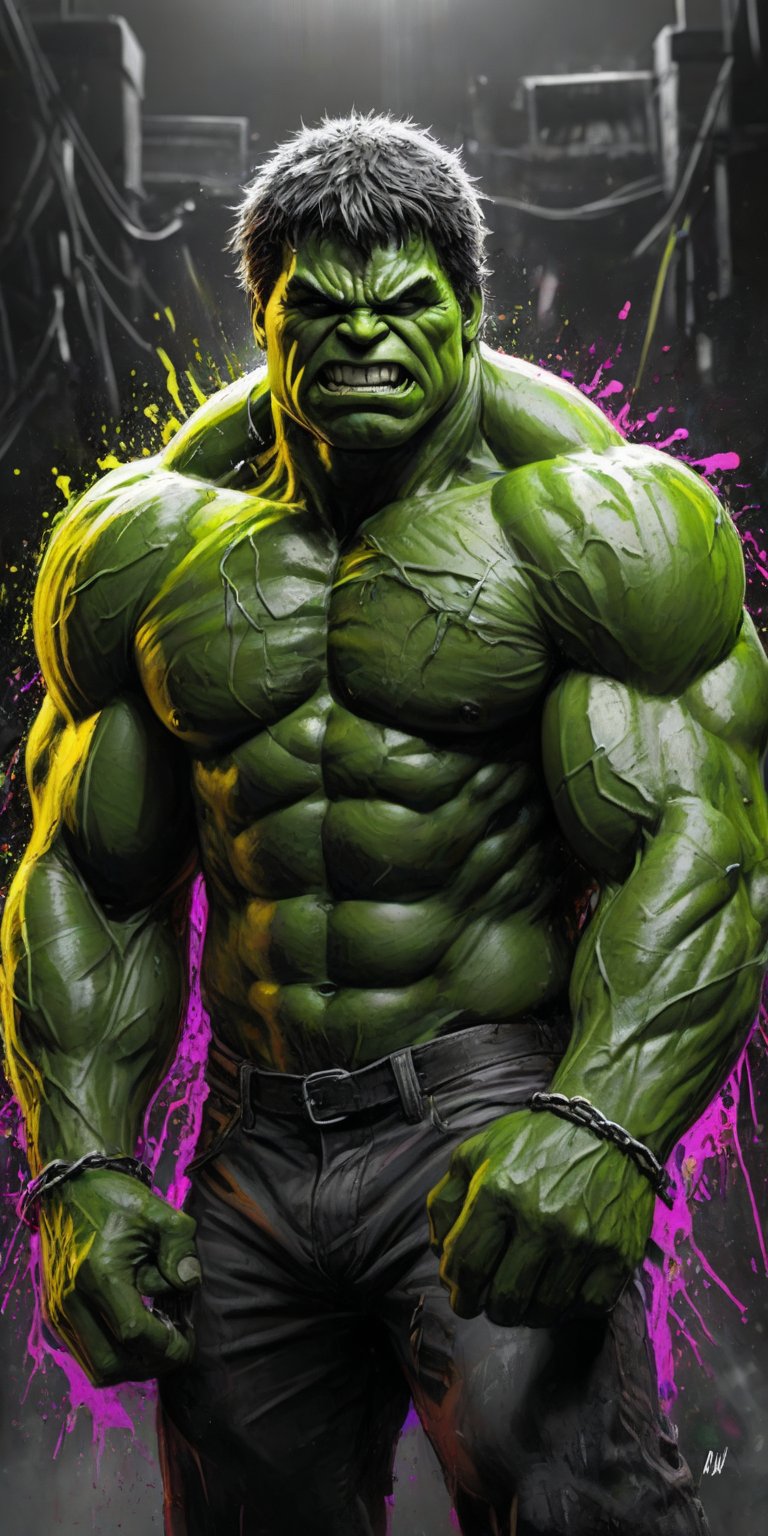 Black and white sketch, realistic, The Incredible Hulk, Marvel comics, chains, (((splashes of neon colors)))),  neon colors