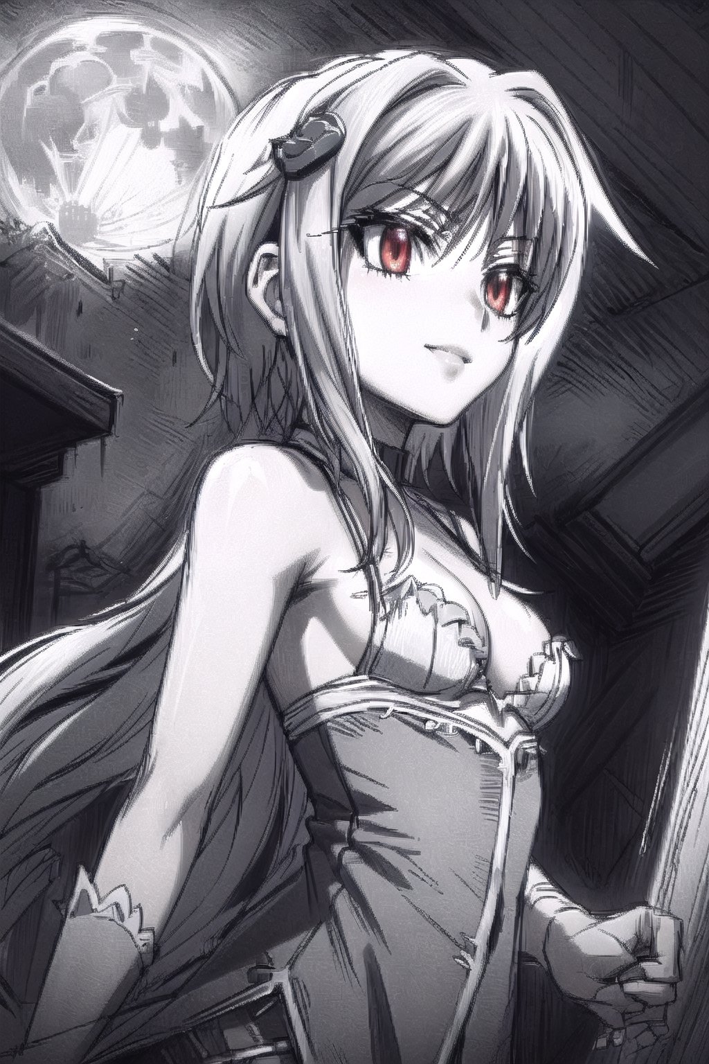 sketch, cleavage, seductive gaze, mysterious atmosphere, dark forest, moonlit night, flowing cloak, enigmatic smile, suggestive sexy pose, subtle lighting, hints of danger, alluring presence, hidden secrets, captivating eyes,ClrSkt,monochome,rias gremory,Akeno,akeno himejima,irina_a, orange hair, long hair,xenovia quarta,koneko toujou (dxd),eft_dxd_white