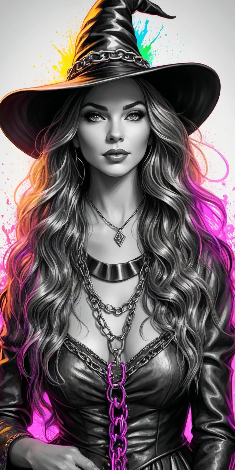 Black and white sketch, realistic, female, Glenda the good Witch, Wizard of Oz, long flowing hair, chains, splashes of neon colors, neon colors