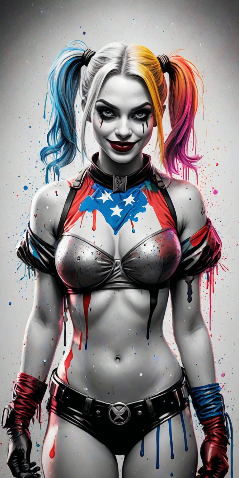 Black and white sketch, realistic, Harley Quinn, Fourth of July celebration, (((splashes of  colors)))) neon colors 