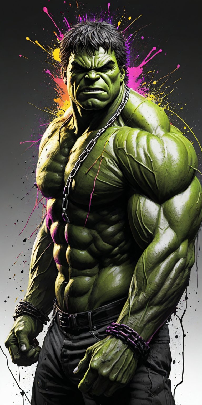 Black and white sketch, realistic, The Incredible Hulk, Marvel comics, chains, (((splashes of neon colors)))),  neon colors