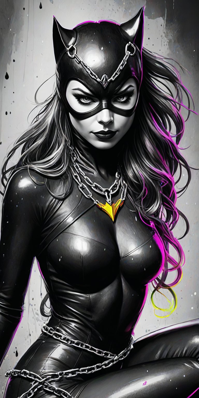 Black and white sketch, realistic, female, catwoman, DC comics, long flowing hair, chains, splashes of neon colors, neon colors